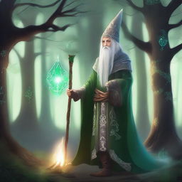 A young High Elf wizard with white hair and green eyes, wearing gray wizard robes and a wizard hat