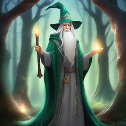 A young High Elf wizard with white hair and green eyes, wearing gray wizard robes and a wizard hat