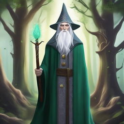 A young High Elf wizard with white hair and green eyes, wearing gray wizard robes and a wizard hat