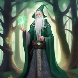 A young High Elf wizard with white hair and green eyes, wearing gray wizard robes and a wizard hat