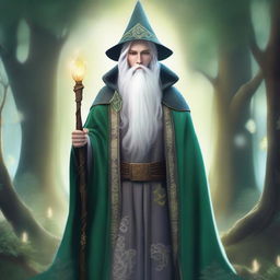 A young High Elf wizard with white hair and green eyes, wearing gray wizard robes and a wizard hat