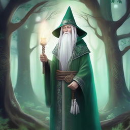 A young High Elf wizard with white hair and green eyes, wearing gray wizard robes and a wizard hat