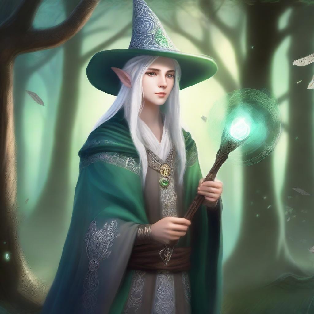 A young High Elf with white hair and green eyes, wearing gray wizard clothes and a wizard hat