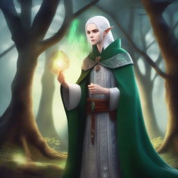 A young High Elf with white hair and green eyes, wearing gray wizard clothes and a wizard hat