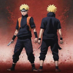 A highly-intensified anime-style illustration of Naruto and Sasuke, exerting extraordinary power while standing back-to-back. Blood splatter adorns them, faces knitted in ferocious anger while the ground quivers under their might.