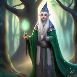 A young High Elf with white hair and green eyes, wearing gray wizard clothes and a wizard hat