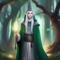 A young High Elf with white hair and green eyes, wearing gray wizard clothes and a wizard hat