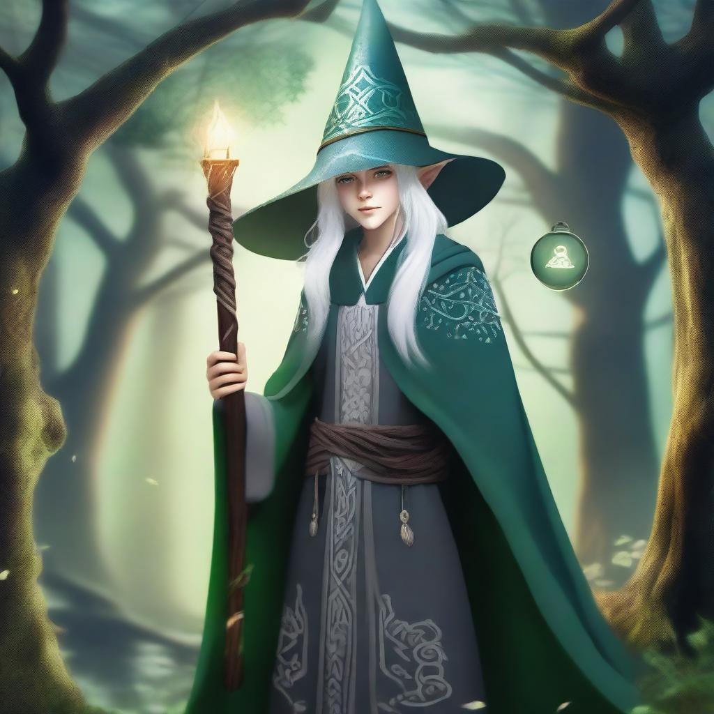 A young High Elf with white hair and green eyes, wearing gray wizard clothes and a witch hat