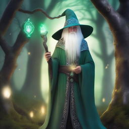 A young High Elf with white hair and green eyes, wearing gray wizard clothes and a witch hat