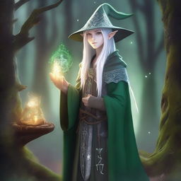 A young High Elf with white hair and green eyes, wearing gray wizard clothes and a witch hat