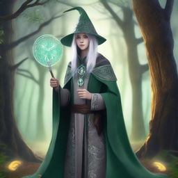 A young High Elf with white hair and green eyes, wearing gray wizard clothes and a witch hat