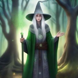 A High Elf with white hair and green eyes, wearing gray wizard clothes and a witch hat