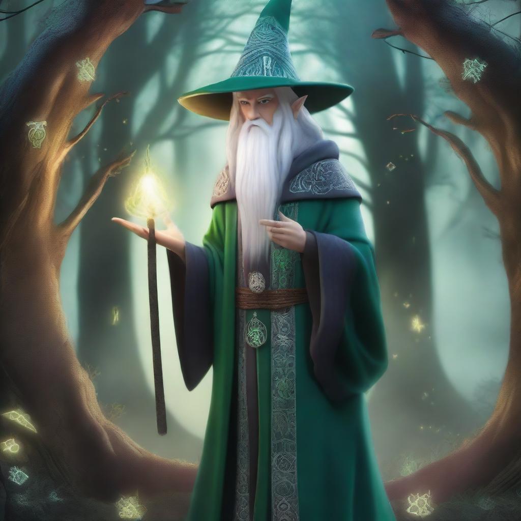 A High Elf with white hair and green eyes, wearing gray wizard clothes and a witch hat