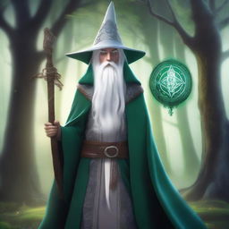 A High Elf with white hair and green eyes, wearing gray wizard clothes and a witch hat