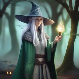 A High Elf with white hair and green eyes, wearing gray wizard clothes and a witch hat