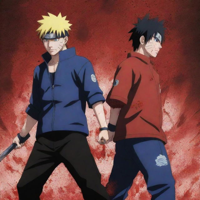 A highly-intensified anime-style illustration of Naruto and Sasuke, exerting extraordinary power while standing back-to-back. Blood splatter adorns them, faces knitted in ferocious anger while the ground quivers under their might.