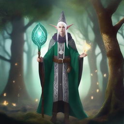 A young male High Elf with white hair and green eyes, wearing gray wizard clothes and a witch hat