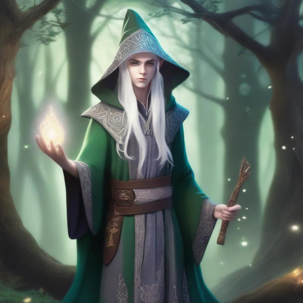 A young male High Elf with white hair and green eyes, wearing gray wizard clothes and a witch hat