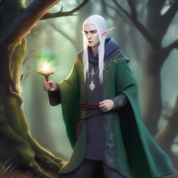 A young male High Elf with white hair and green eyes, wearing gray wizard clothes and a witch hat