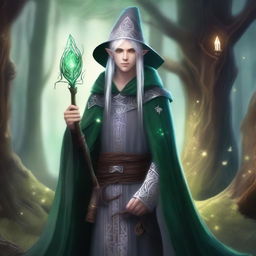 A young male High Elf with white hair and green eyes, wearing gray wizard clothes and a witch hat