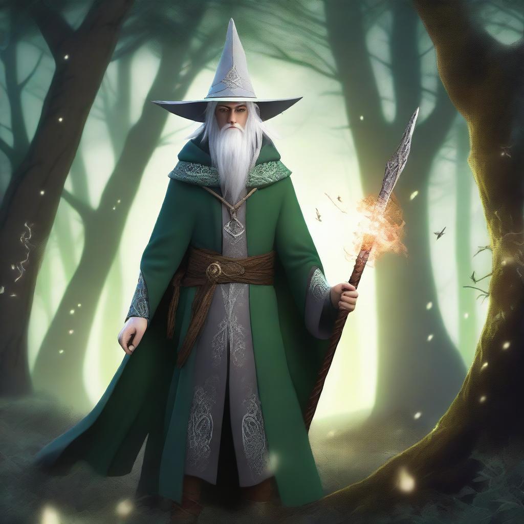 A young male High Elf with white hair and green eyes, wearing gray wizard clothes and a witch hat