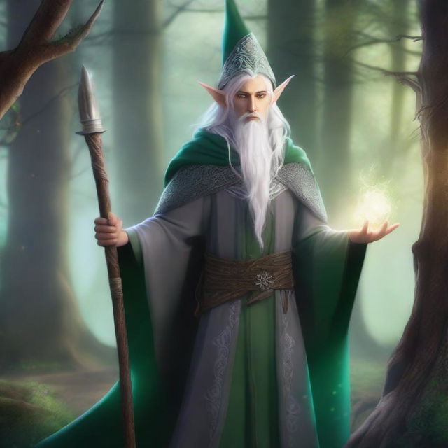 A young male High Elf with white hair and green eyes, wearing gray wizard clothes and a witch hat