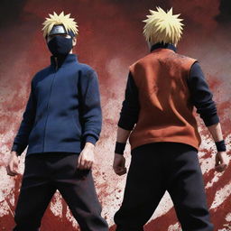 A highly-intensified anime-style illustration of Naruto and Sasuke, exerting extraordinary power while standing back-to-back. Blood splatter adorns them, faces knitted in ferocious anger while the ground quivers under their might.