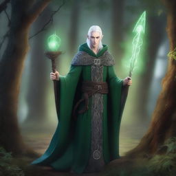 A young male High Elf with white hair and green eyes, wearing gray wizard clothes and a witch hat