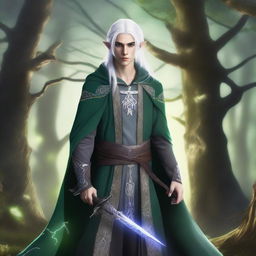 A young male High Elf with white hair and green eyes, wearing gray wizard clothes and a witch hat