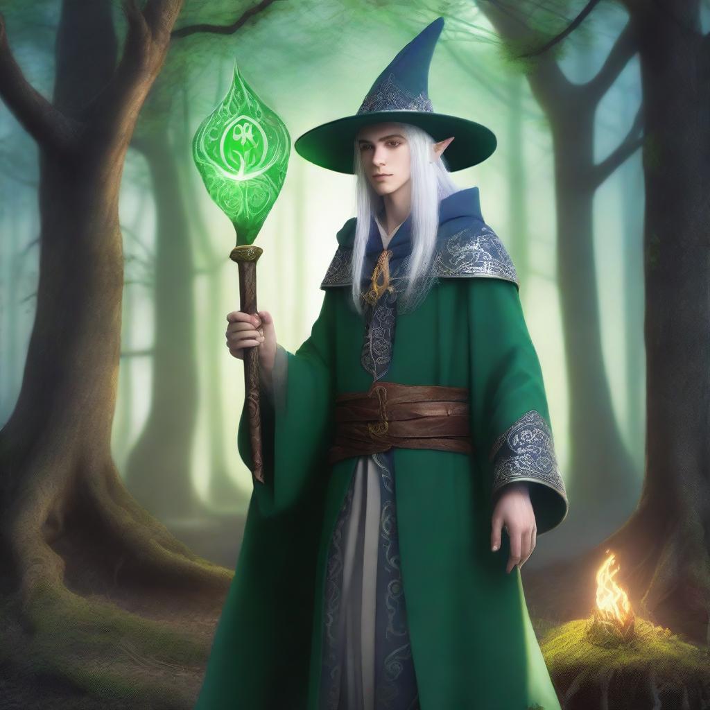 A young male High Elf with white hair and green eyes, wearing gray wizard clothes and a witch hat