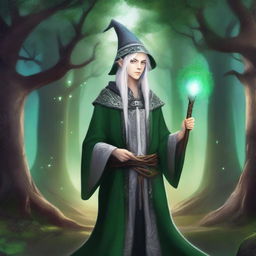 A young male High Elf with white hair and green eyes, wearing gray wizard clothes and a witch hat