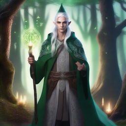 A young male High Elf with white hair and green eyes, wearing gray wizard clothes and a witch hat