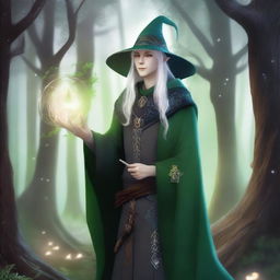 A young male High Elf with white hair and green eyes, wearing gray wizard clothes and a witch hat