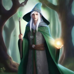 A young male High Elf with white hair and green eyes, wearing gray wizard clothes and a witch hat