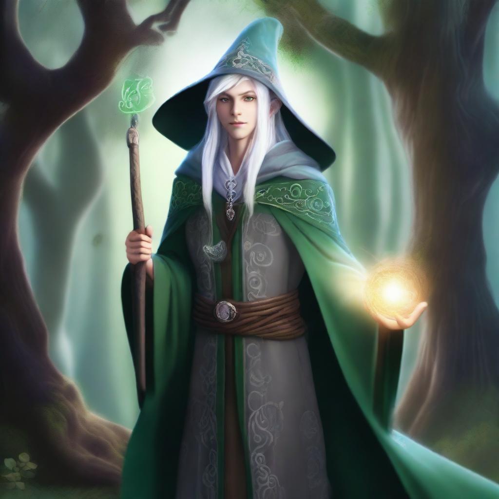 A young male High Elf with white hair and green eyes, wearing gray wizard clothes and a witch hat