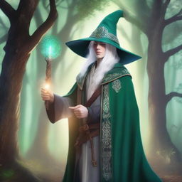 A young male High Elf with white hair and green eyes, wearing gray wizard clothes and a witch hat