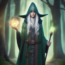 A young male High Elf with white hair and green eyes, wearing gray wizard clothes and a witch hat