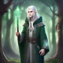 A young male High Elf with white hair and green eyes, wearing gray wizard clothes and a witch hat