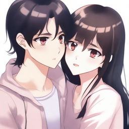 A girl with long black-brown hair and pink iris eyes hugging a boy with black hair and brown iris eyes