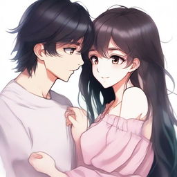 A girl with long black-brown hair and pink iris eyes hugging a boy with black hair and brown iris eyes