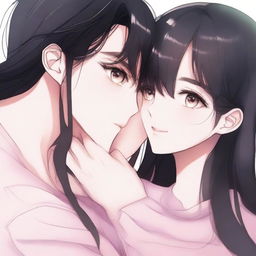 A girl with long black-brown hair and pink iris eyes hugging a boy with black hair and brown iris eyes