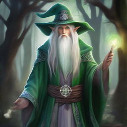 A young male High Elf with long white hair and green eyes, wearing gray wizard clothes and a witch hat