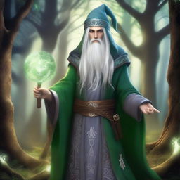 A young male High Elf with long white hair and green eyes, wearing gray wizard clothes and a witch hat