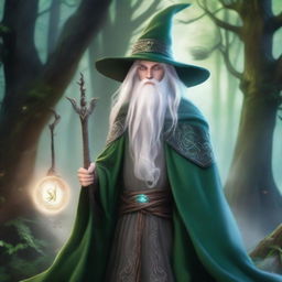 A young male High Elf with long white hair and green eyes, wearing gray wizard clothes and a witch hat