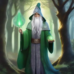 A young male High Elf with long white hair and green eyes, wearing gray wizard clothes and a witch hat