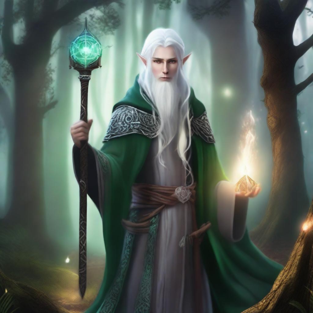 A young male High Elf with white hair and green eyes, wearing gray wizard clothes and a witch hat