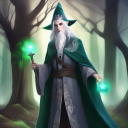 A young male High Elf with white hair and green eyes, wearing gray wizard clothes and a witch hat