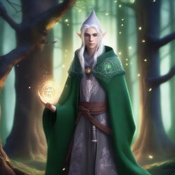 A young male High Elf with white hair and green eyes, wearing gray wizard clothes and a witch hat