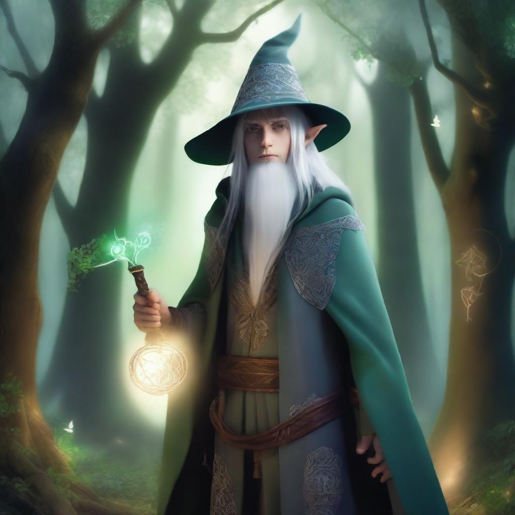 A young male High Elf with white hair and green eyes, wearing gray wizard clothes and a witch hat