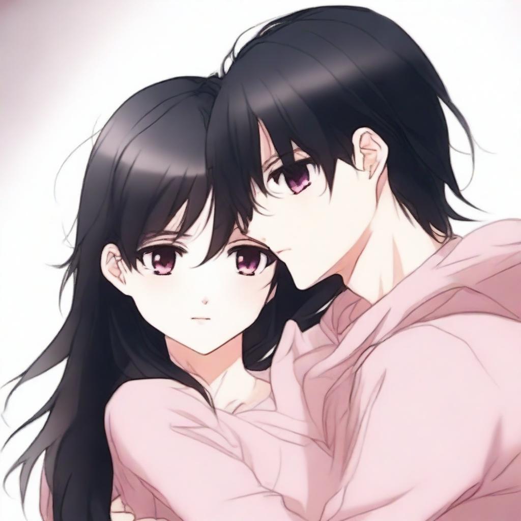 A girl with long black-brown hair and pink eyes hugging a boy with black hair and brown eyes